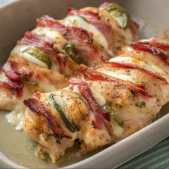 Pyszny filet z kurczaka z piekarnika, owinięty boczkiem, z rozpływającym się serem i papryczką jalapeno.