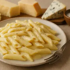 Penne w kremowym sosie serowym, posypane pieprzem. W tle kawałki parmezanu i sera pleśniowego. Idealny sos serowy do makaronu.