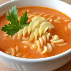 Najlepsza zupa pomidorowa przepis babci: aromatyczny, gęsty pomidorowy bulion z makaronem w kształcie spirali i świeżą natką pietruszki.