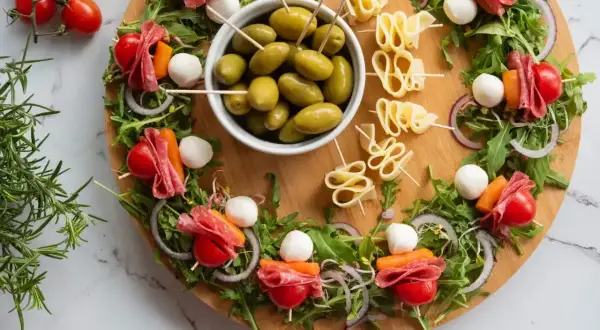 Oto 10 najlepszych sałatek na imprezę: przekąski z mozzarellą, salami, pomidorkami i oliwkami na desce.