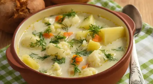 Aksamitna zupa kalafiorowa jak u babci, pełna ziemniaków, marchewki i koperku. Idealna na chłodne dni.