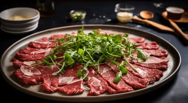 Eleganckie carpaccio wołowe z rukolą i parmezanem na ciemnym talerzu.