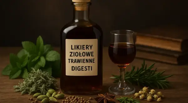 Jagdstolz - butelka likieru ziołowego, kieliszek z nalewką, zioła i przyprawy. Tradycyjny smak natury.