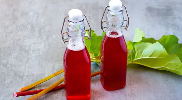 Dwie butelki z rubinowym sokiem z rabarbaru, obok łodygi i liście rabarbaru.