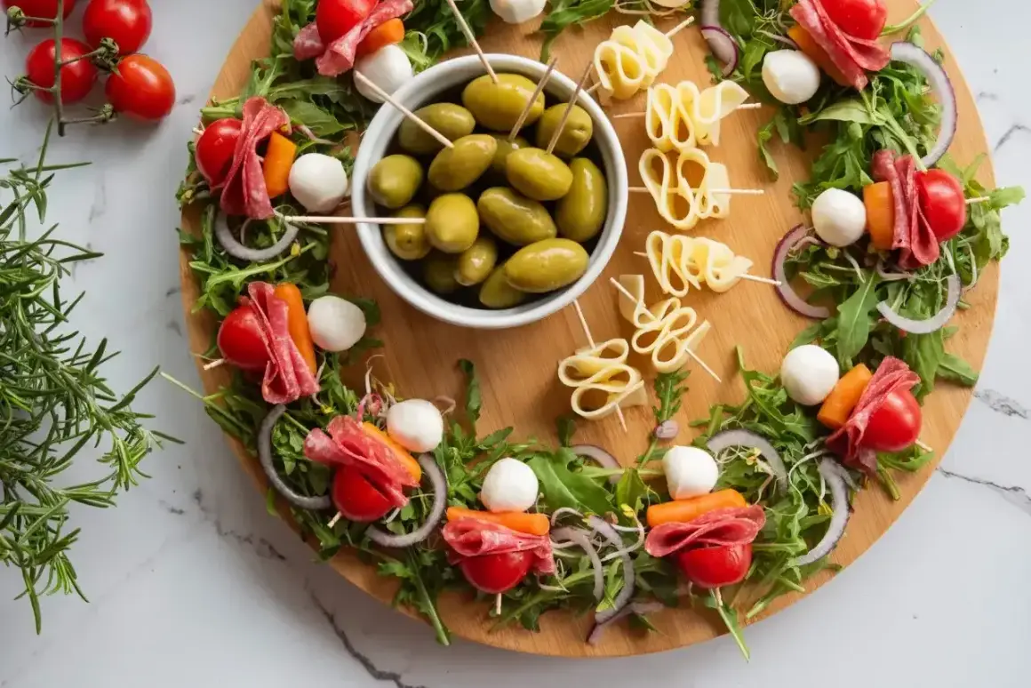 Oto 10 najlepszych sałatek na imprezę: przekąski z mozzarellą, salami, pomidorkami i oliwkami na desce.