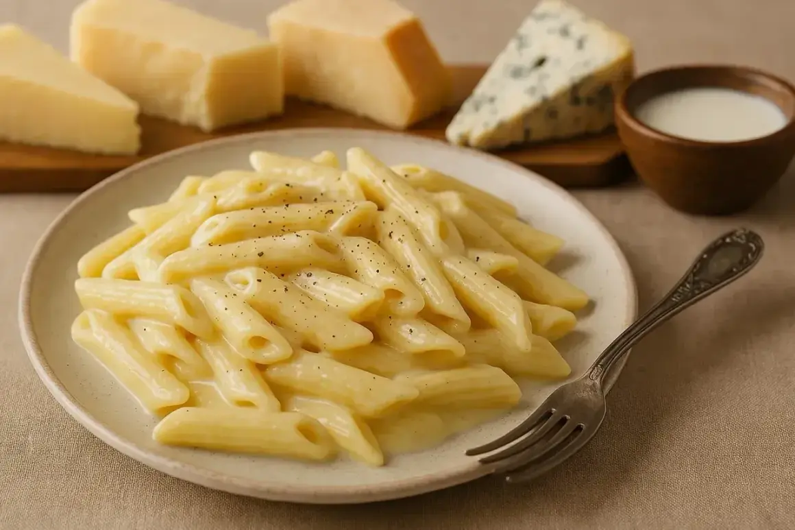 Penne w kremowym sosie serowym, posypane pieprzem. W tle kawałki parmezanu i sera pleśniowego. Idealny sos serowy do makaronu.