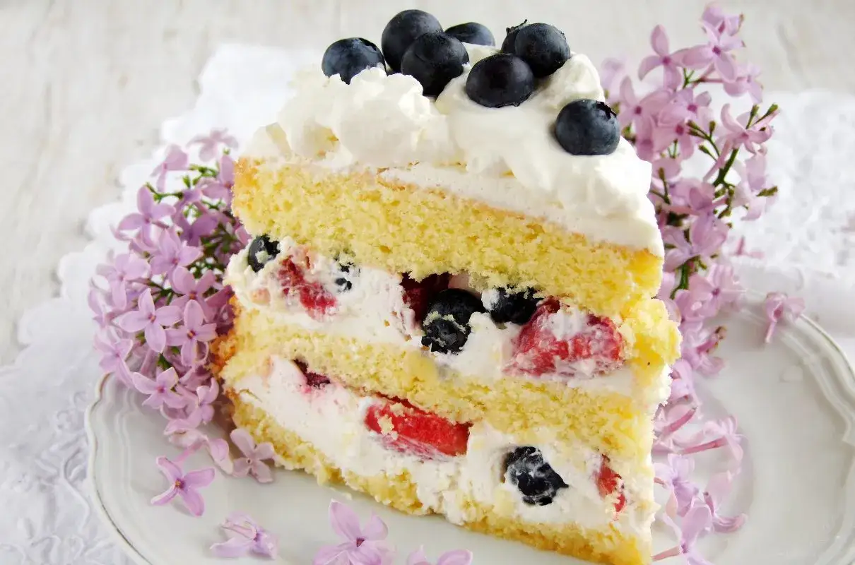 Pyszny, bardzo łatwy tort z mascarpone, przełożony bitą śmietaną i owocami leśnymi, ozdobiony jagodami i kwitnącym bzem.