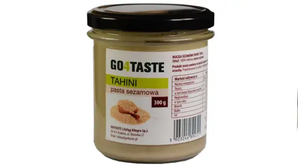 Słoik pasty sezamowej tahini GO4TASTE. Idealna do hummusu i sosów. Tahini co to? To zmielone ziarno sezamu.