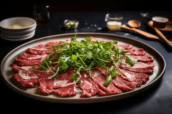 Eleganckie carpaccio wołowe z rukolą i parmezanem na ciemnym talerzu.