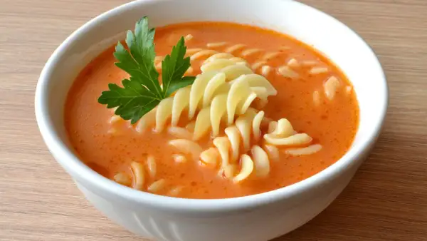 Najlepsza zupa pomidorowa przepis babci: aromatyczny, gęsty pomidorowy bulion z makaronem w kształcie spirali i świeżą natką pietruszki.
