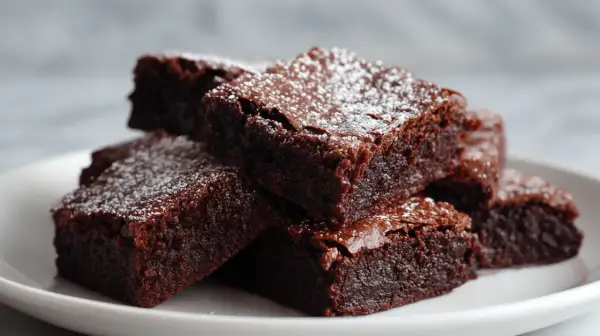 Pyszne brownie z airfryer, posypane cukrem pudrem, ułożone na białym talerzu.